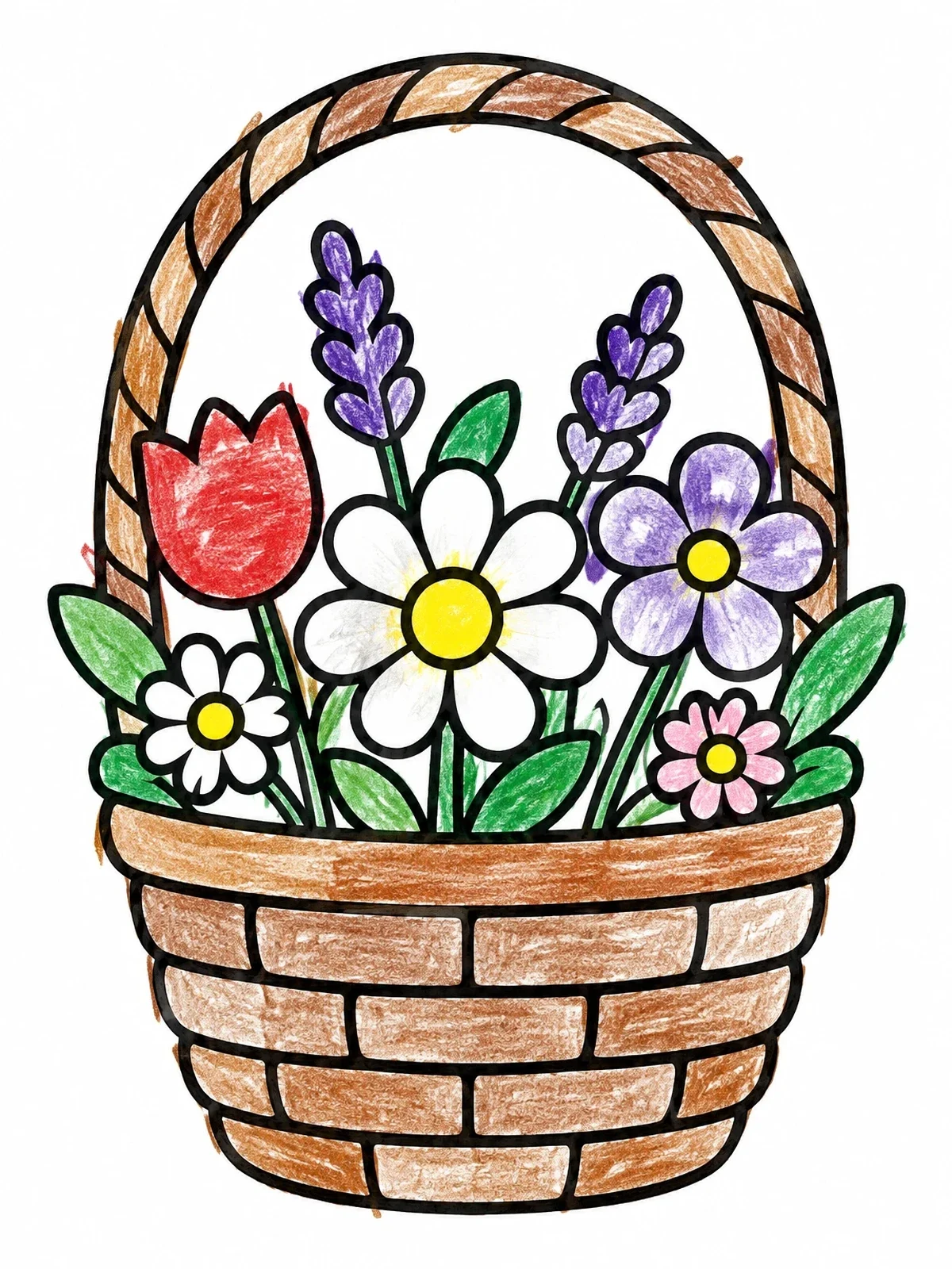 Colored example of the Simple Wicker Flower Basket coloring page