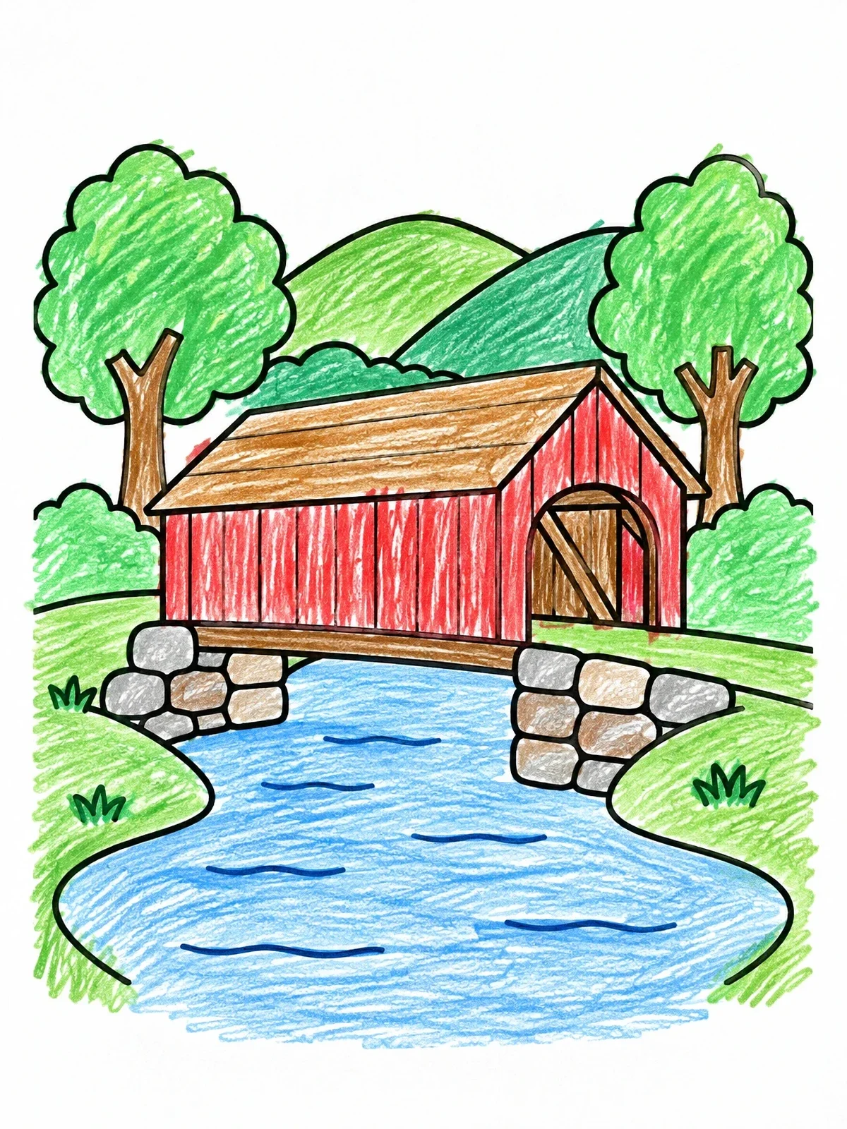 Colored example of the Simple Wooden Covered Bridge coloring page
