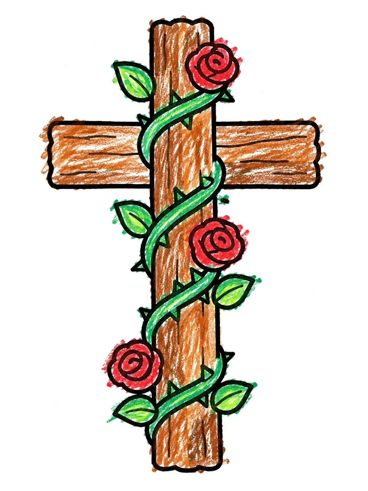 Colored example of the Simple Wooden Cross With Rose Vine coloring page