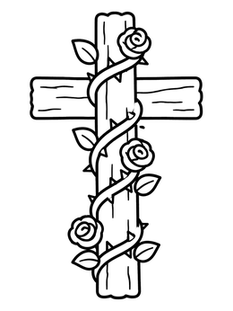Free printable Simple Wooden Cross With Rose Vine coloring page