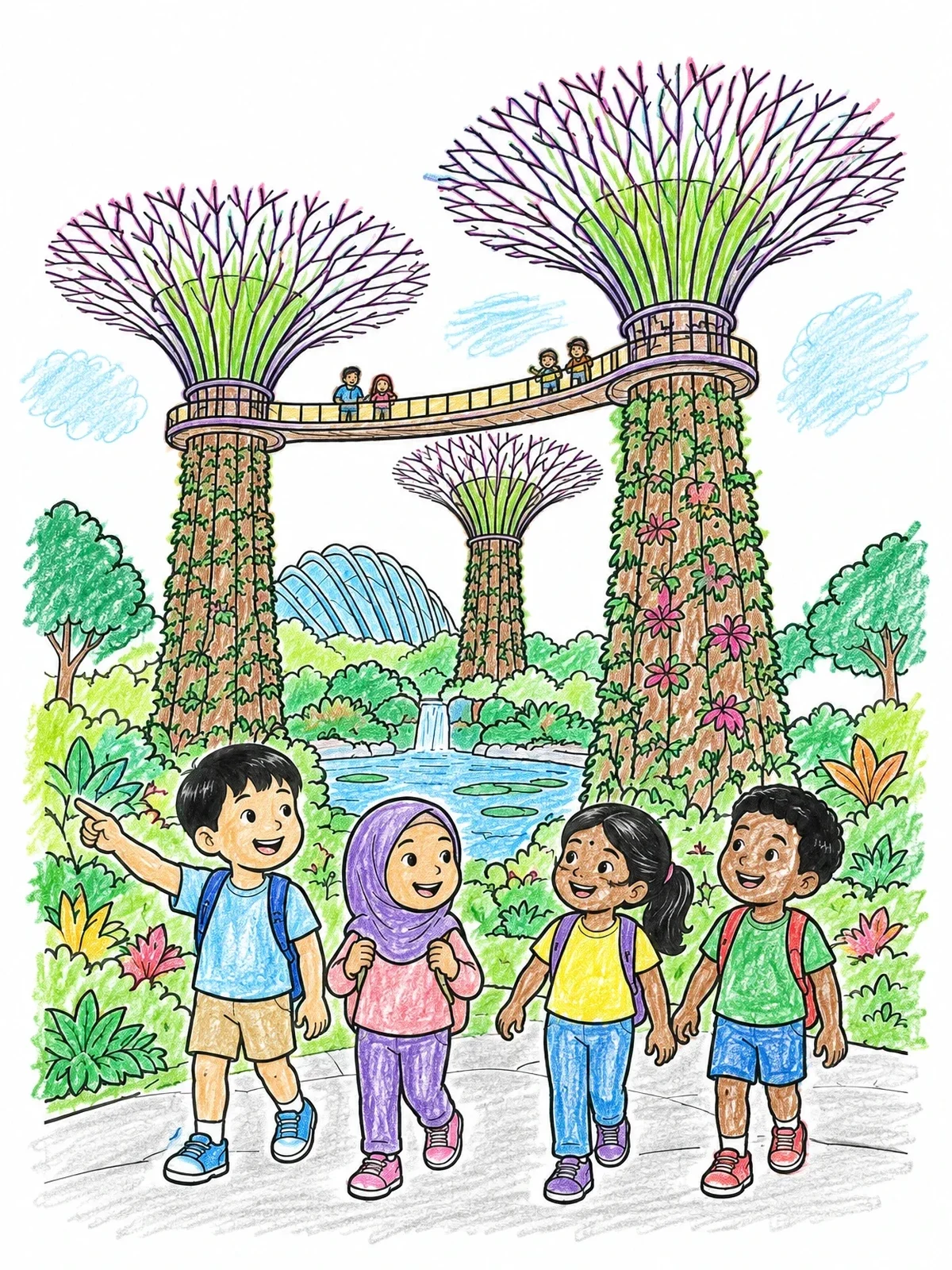 Colored example of the Children Exploring Gardens By The Bay coloring page
