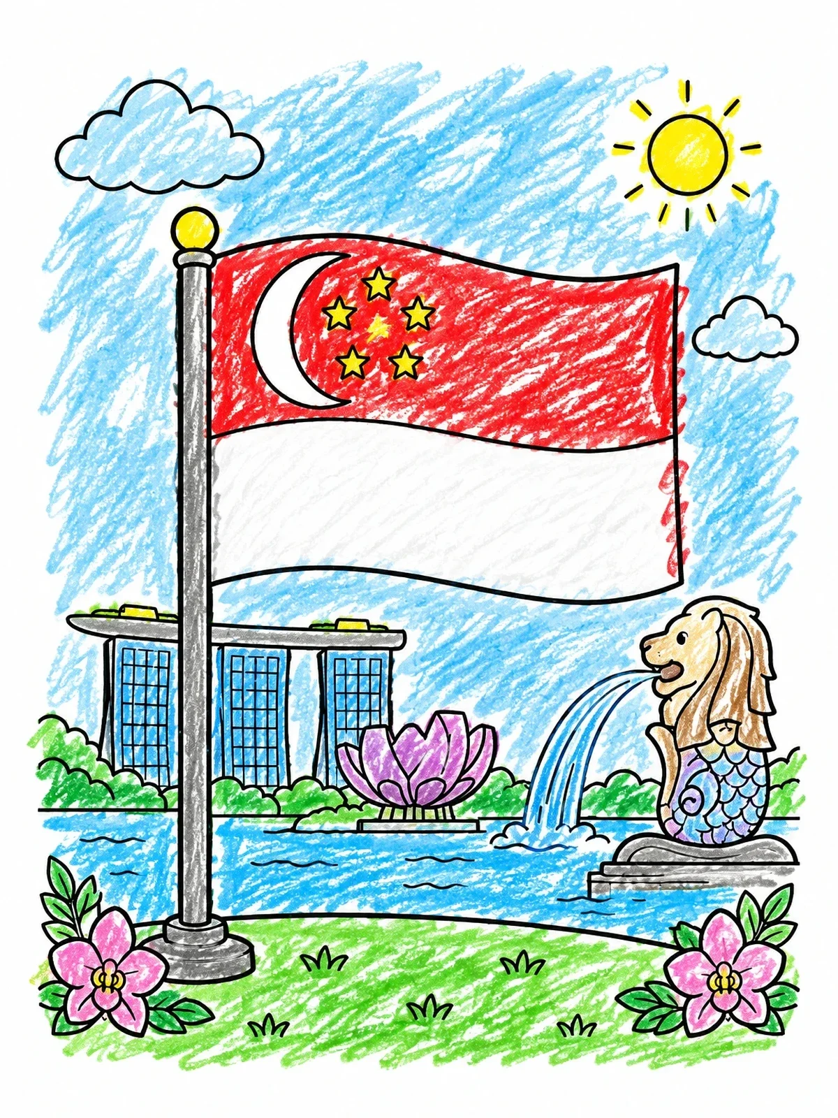 Colored example of the Singapore Flag And Marina Bay Landmarks coloring page