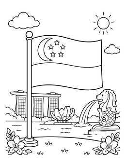 Free printable Singapore Flag And Marina Bay Landmarks coloring page