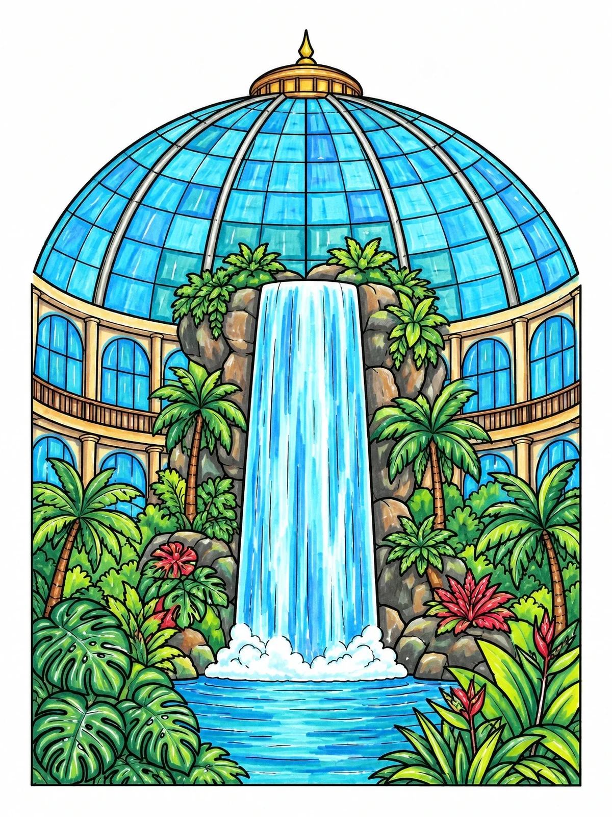 Colored example of the Indoor Waterfall In Glass Dome coloring page