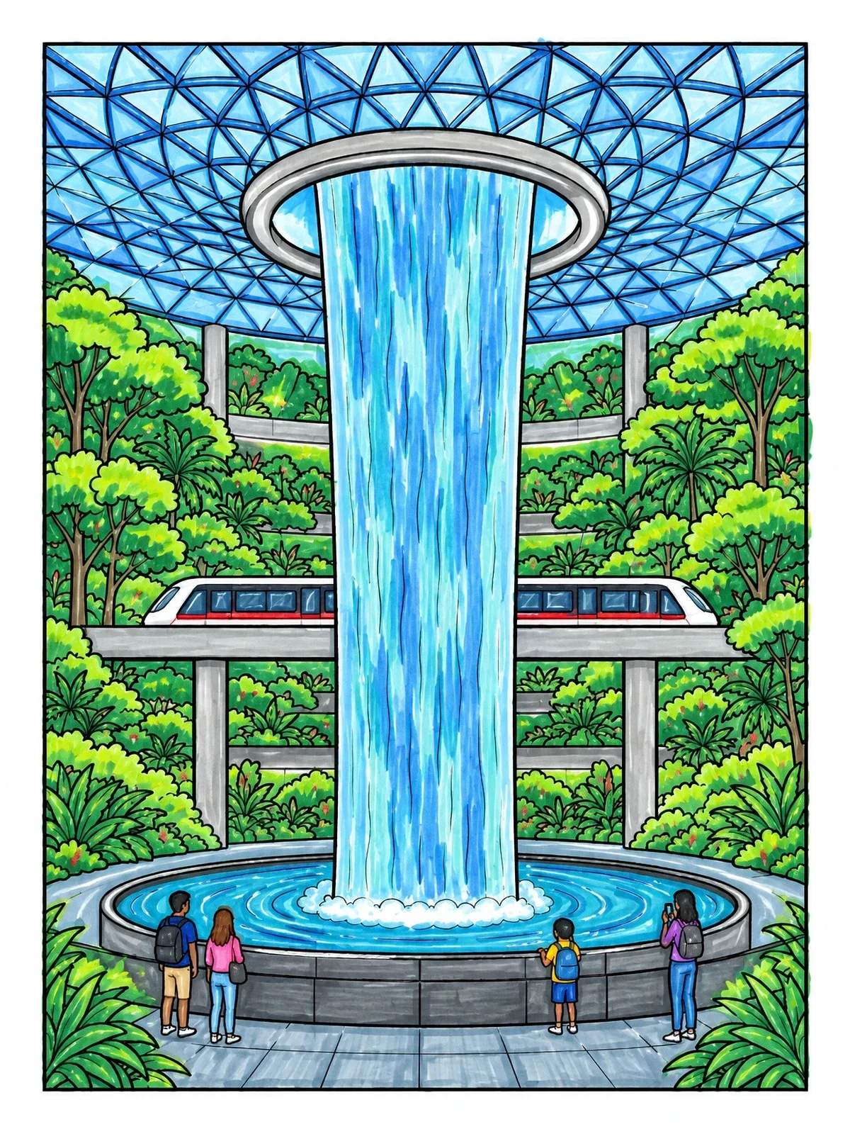 Colored example of the Jewel Rain Vortex Waterfall coloring page