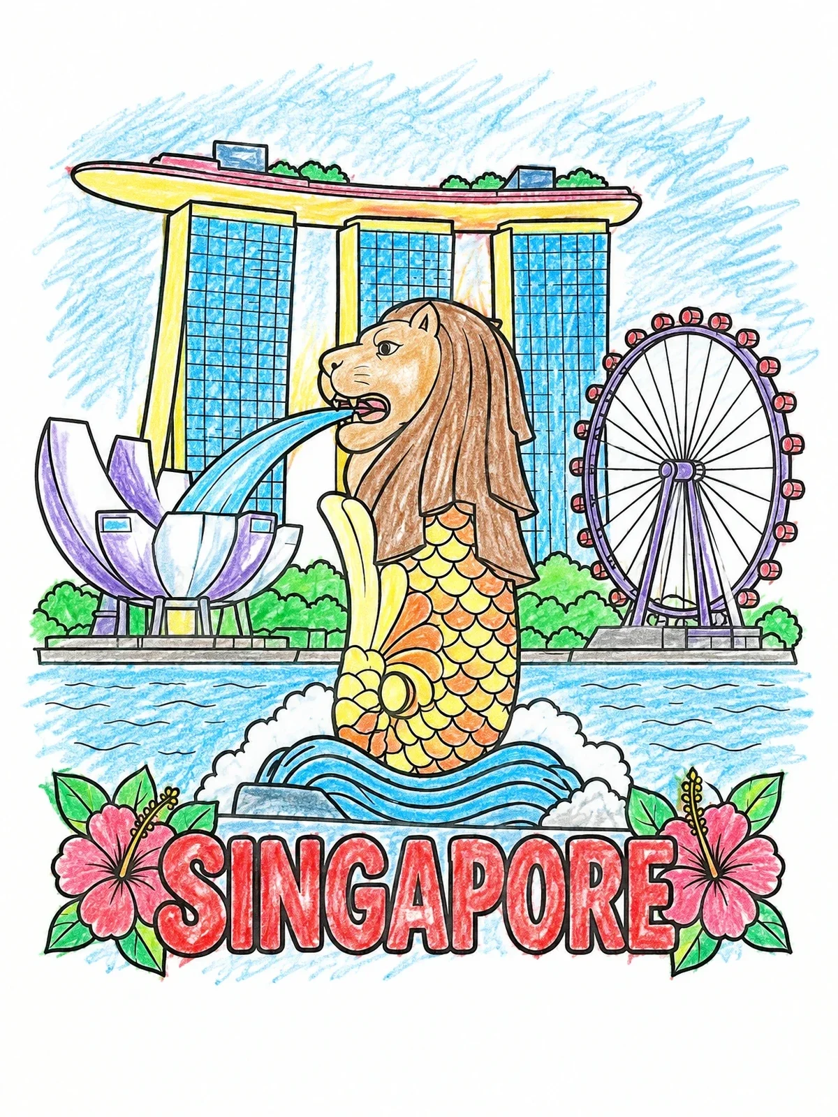 Colored example of the Singapore Landmarks With Merlion And Marina Bay coloring page