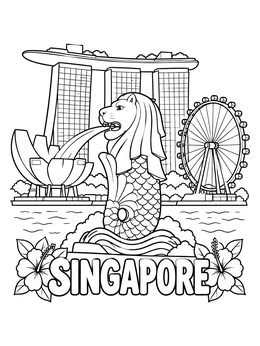 Free printable Singapore Landmarks With Merlion And Marina Bay coloring page