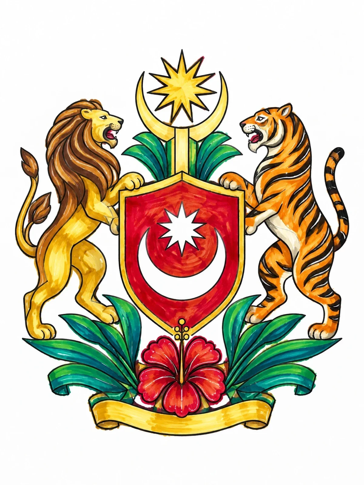 Colored example of the Singapore Emblem With Lion And Tiger coloring page