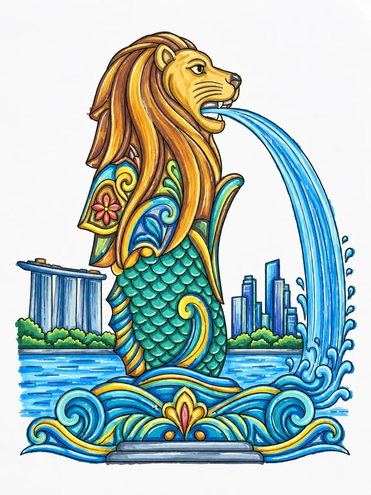 Colored example of the Singapore Merlion By The Marina coloring page