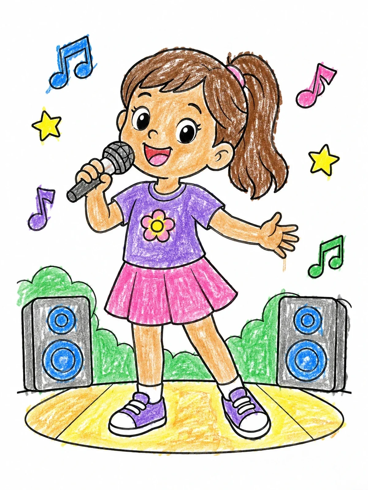 Colored example of the Cheerful Girl Singing On Stage coloring page