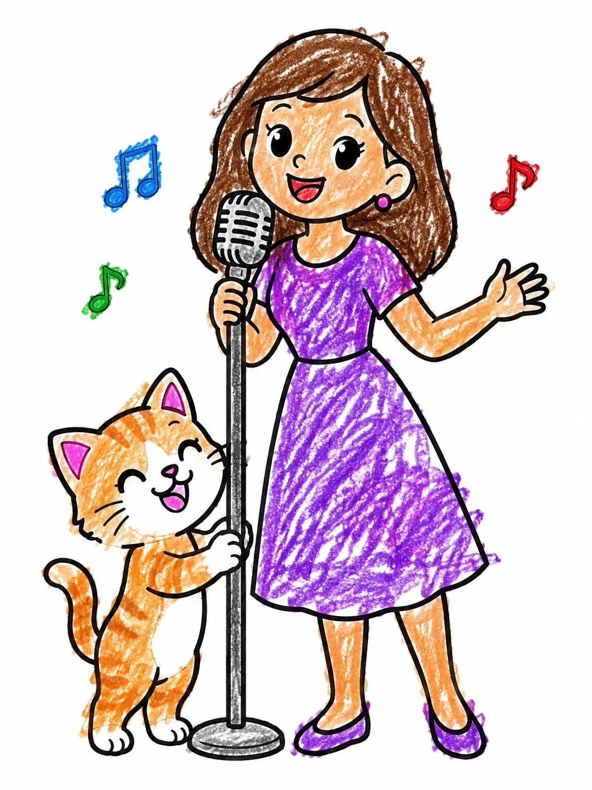 Colored example of the Cheerful Girl Singing With Kitten coloring page