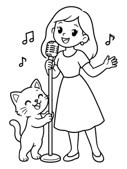 Free printable Cheerful Girl Singing With Kitten coloring page