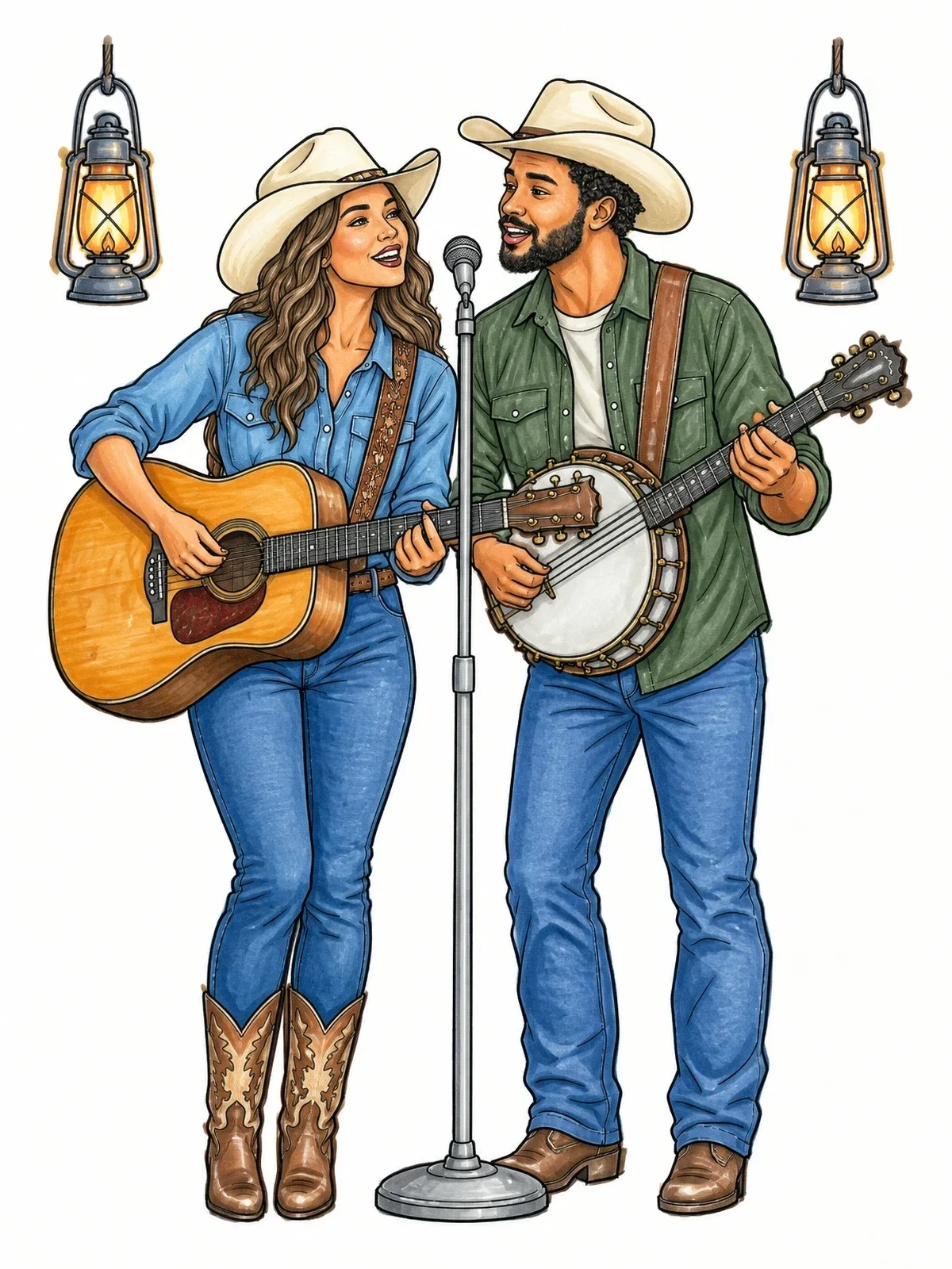 Colored example of the Country Duo Singing Together coloring page