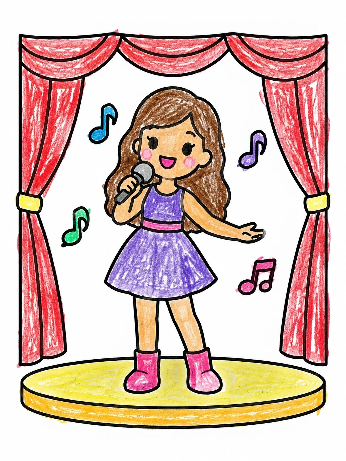 Colored example of the Cute Girl Singing On Stage coloring page