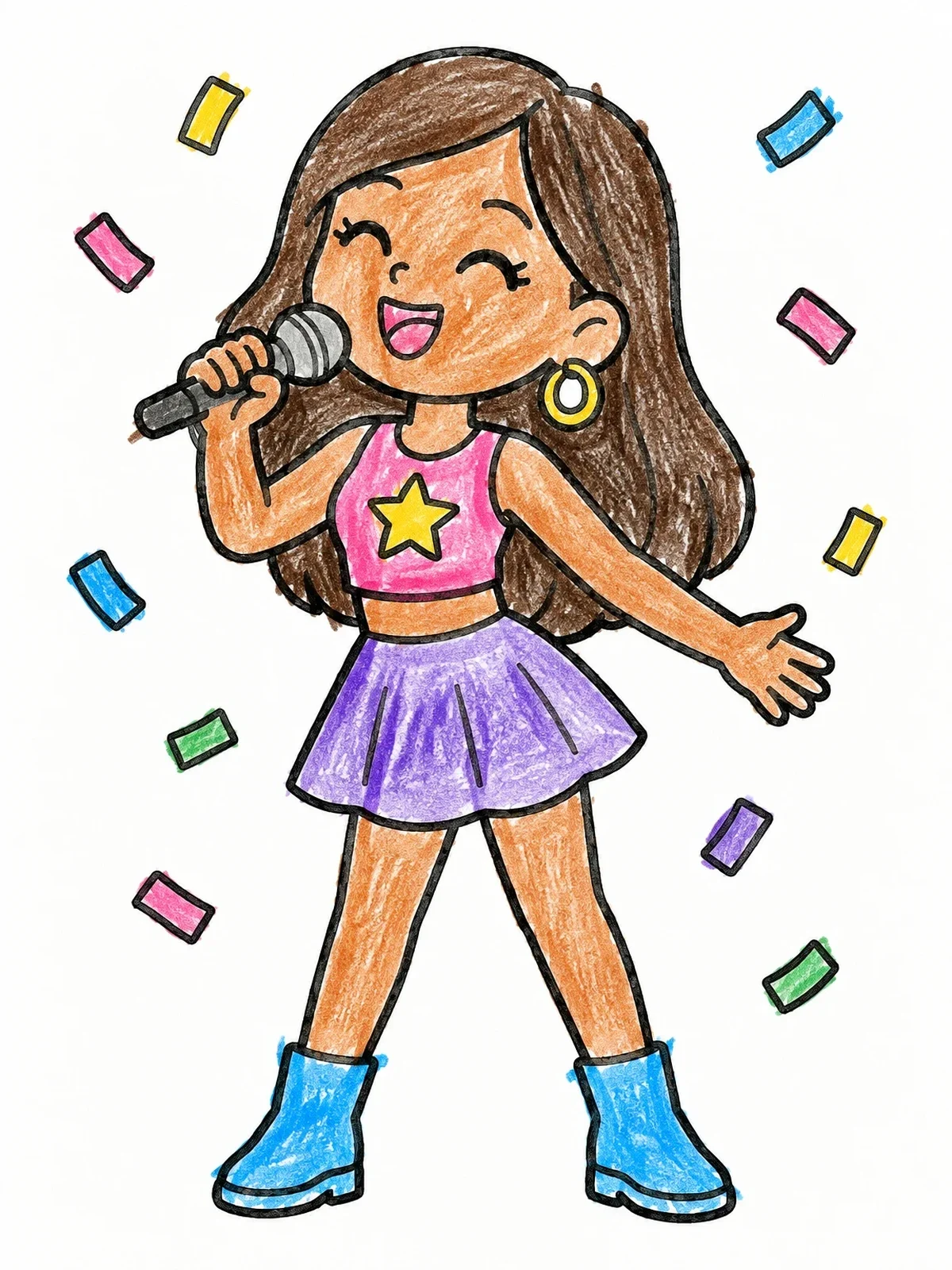 Colored example of the Happy Pop Star Singing With Confetti coloring page