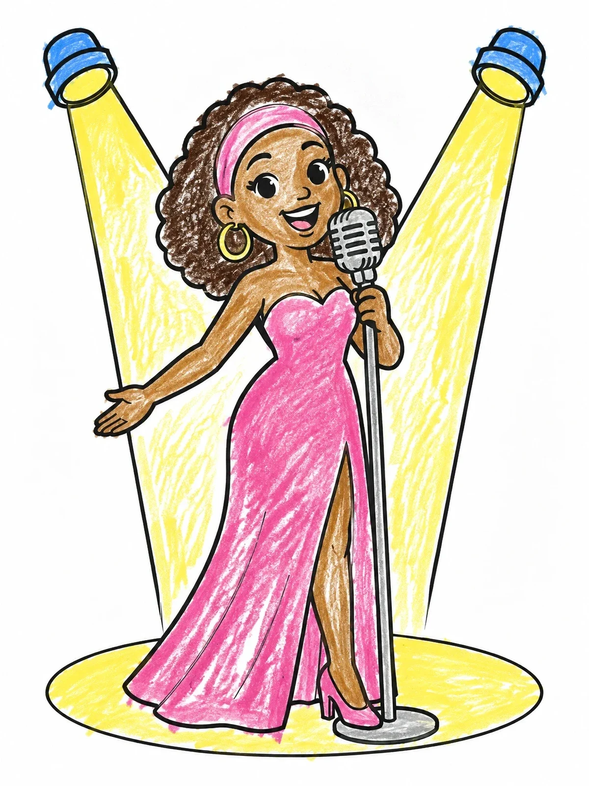 Colored example of the Pop Diva Singing Under Spotlights coloring page