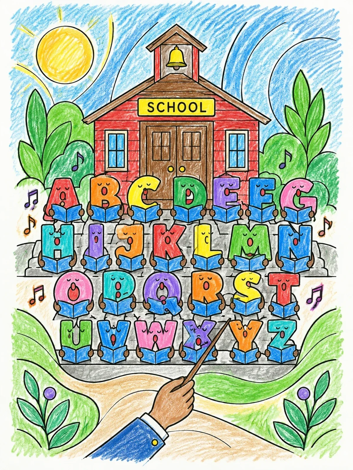 Colored example of the Singing Alphabet Outside The Schoolhouse coloring page