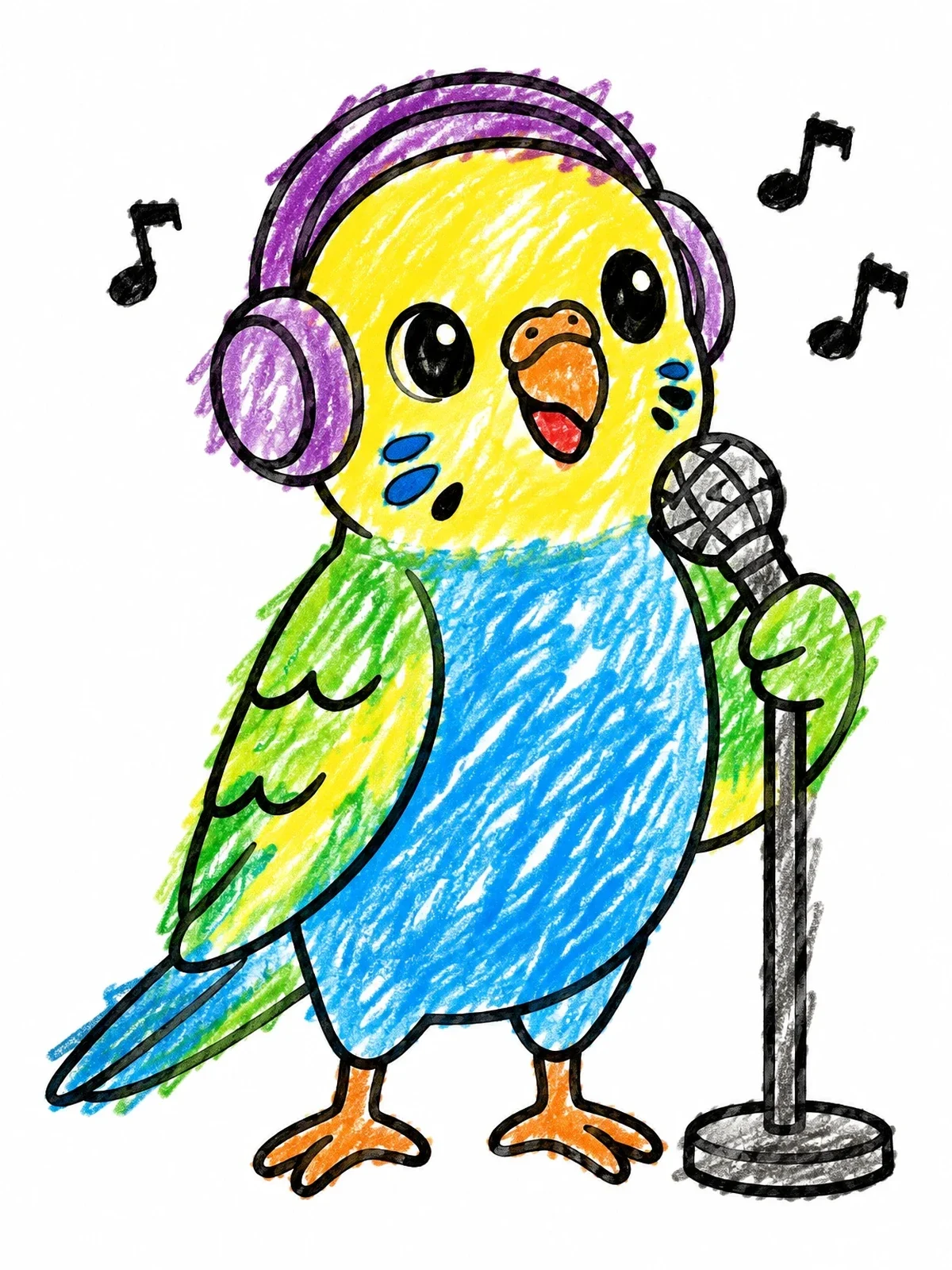 Colored example of the Singing Budgie With Headphones And Microphone coloring page