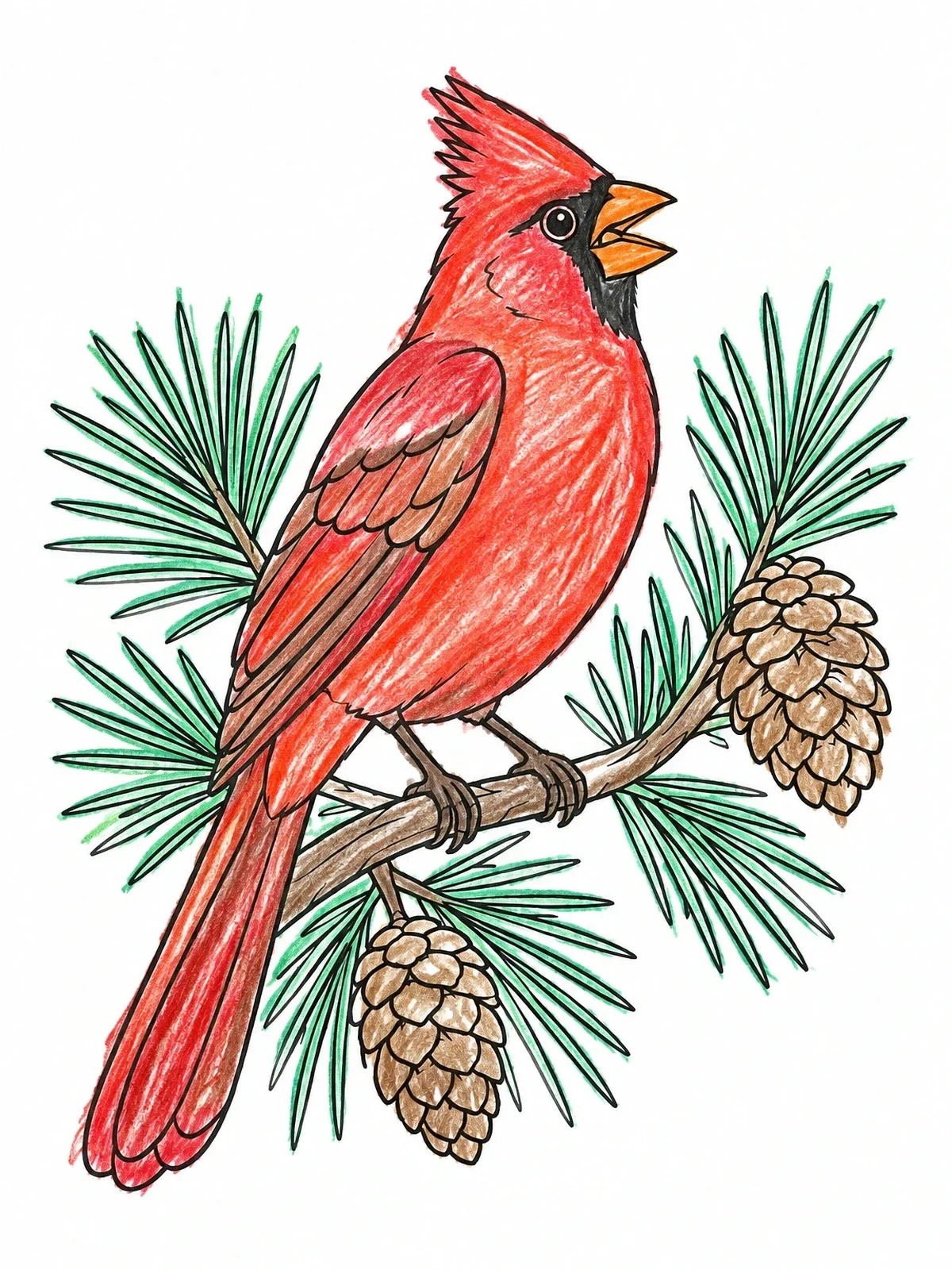 Colored example of the Singing Cardinal On Pine Branch coloring page