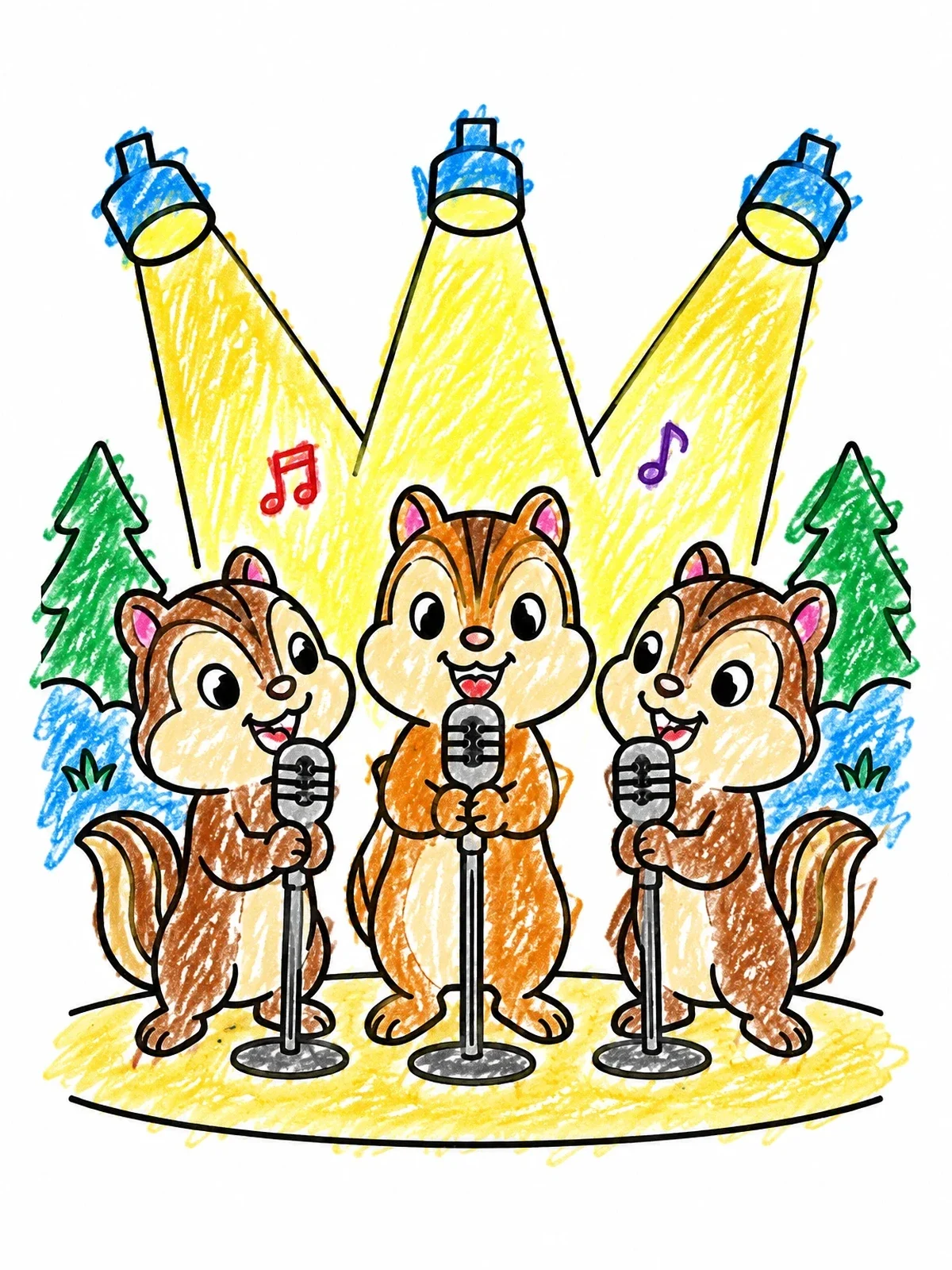 Colored example of the Singing Chipmunk Band On Stage coloring page