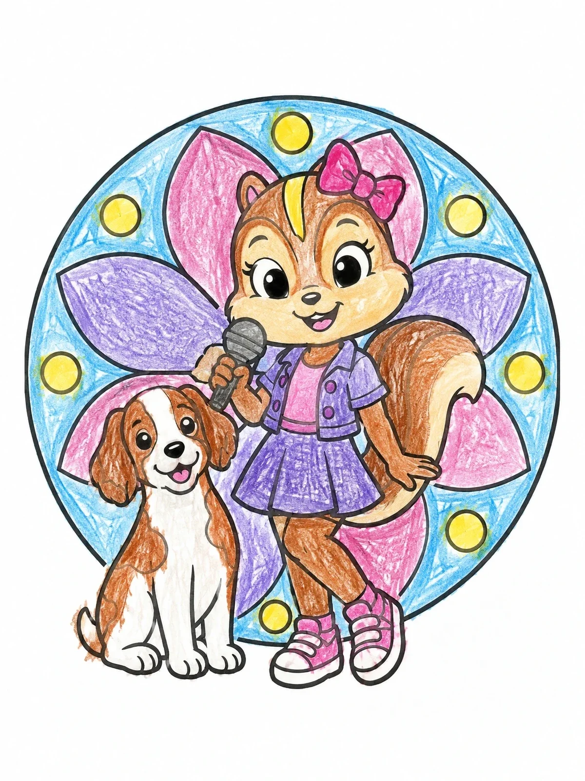Colored example of the Singing Chipmunk And Brittany Spaniel Pup coloring page