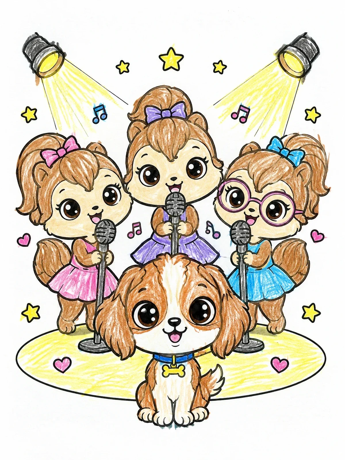 Colored example of the Singing Chipmunks With Brittany Puppy coloring page