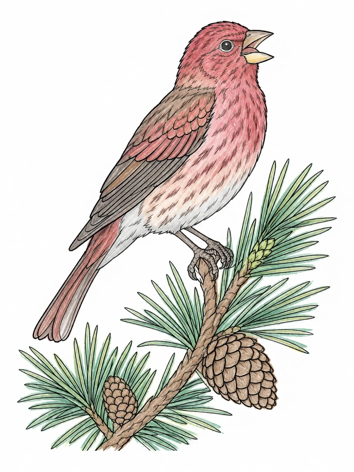 Colored example of the Singing Finch On Pine Branch coloring page