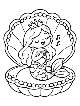 A singing mermaid coloring page featuring a crowned mermaid inside an open clam shell.