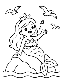 A cheerful mermaid princess coloring page featuring flying seagulls and musical notes.