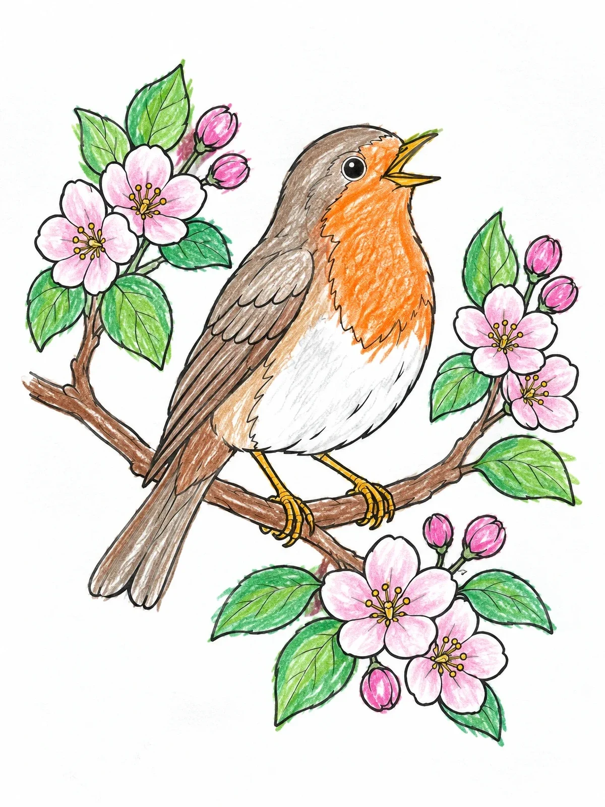 Colored example of the Singing Robin On Blossoming Branch coloring page