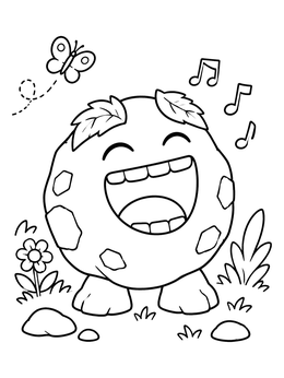 A cheerful rock monster coloring page with leaf eyebrows singing in a meadow beside a butterfly.