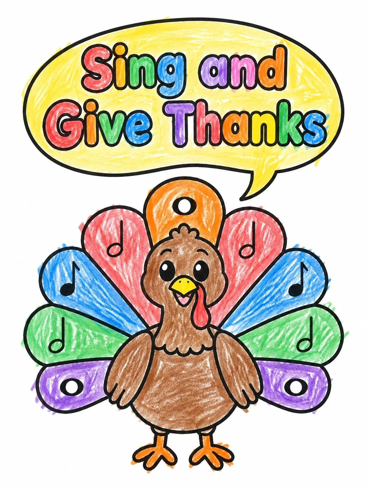 Colored example of the Singing Thanksgiving Turkey With Musical Feathers coloring page