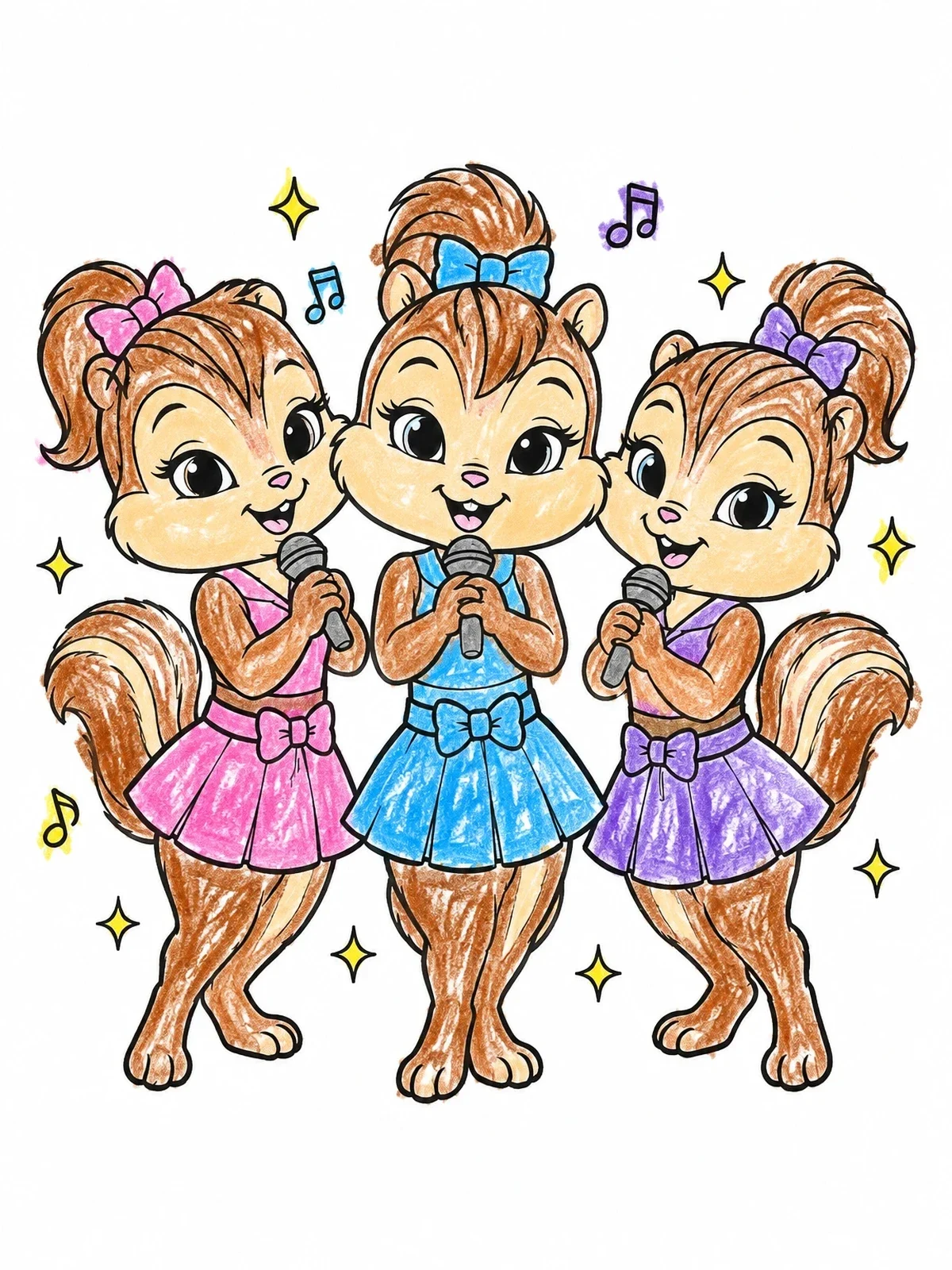Colored example of the Singing Trio Of Girl Chipmunks coloring page