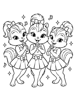 Singing trio of girl chipmunks with microphones on a chipmunk coloring page.