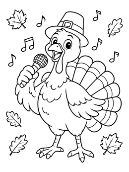 A cheerful thanksgiving music coloring page showing a turkey singing into a microphone with autumn leaves.