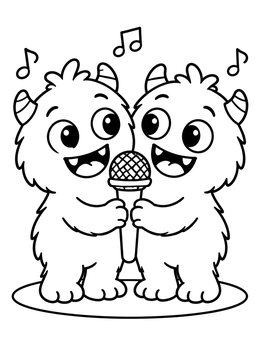 Two cute furry creatures sing together into a microphone in this fun monster coloring page.