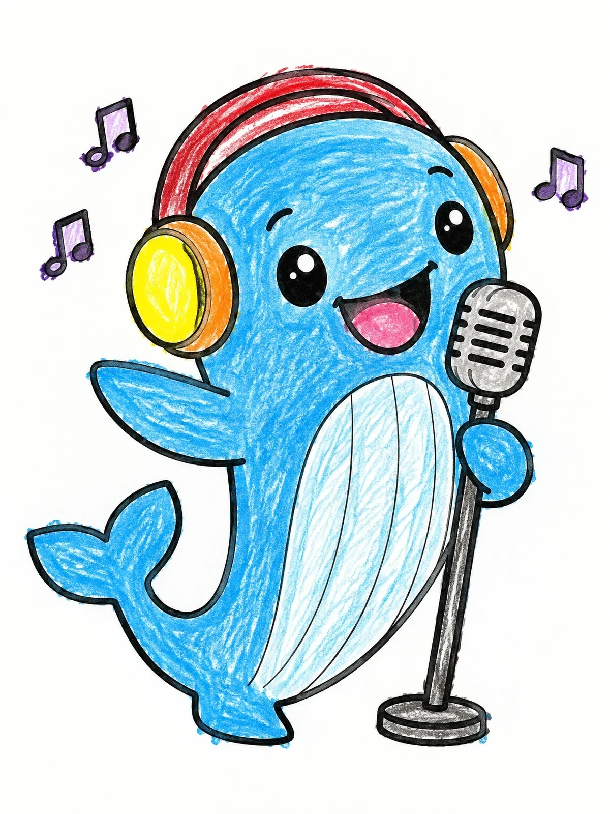 Colored example of the Happy Singing Whale With Headphones coloring page