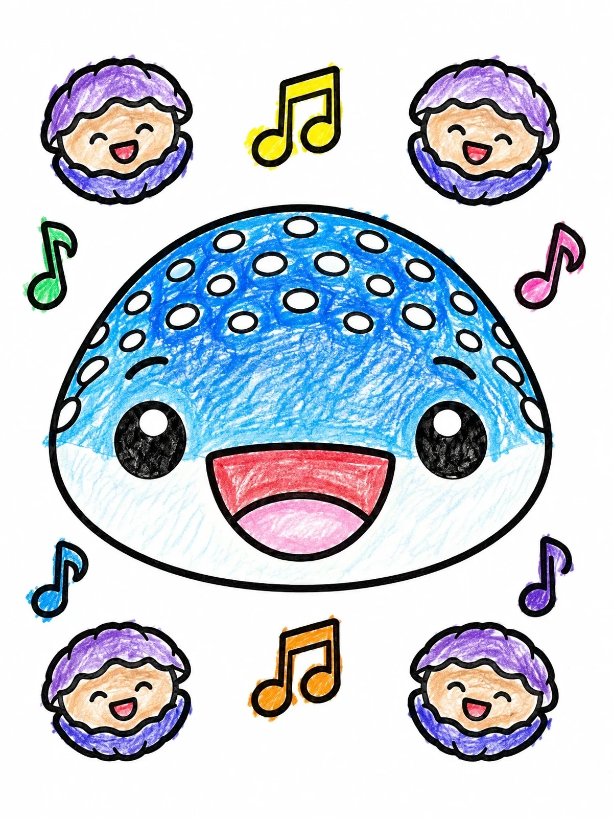 Colored example of the Cute Singing Whale Shark And Clams coloring page