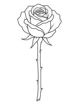 A single stemmed rose coloring page featuring delicate petals and thorns.