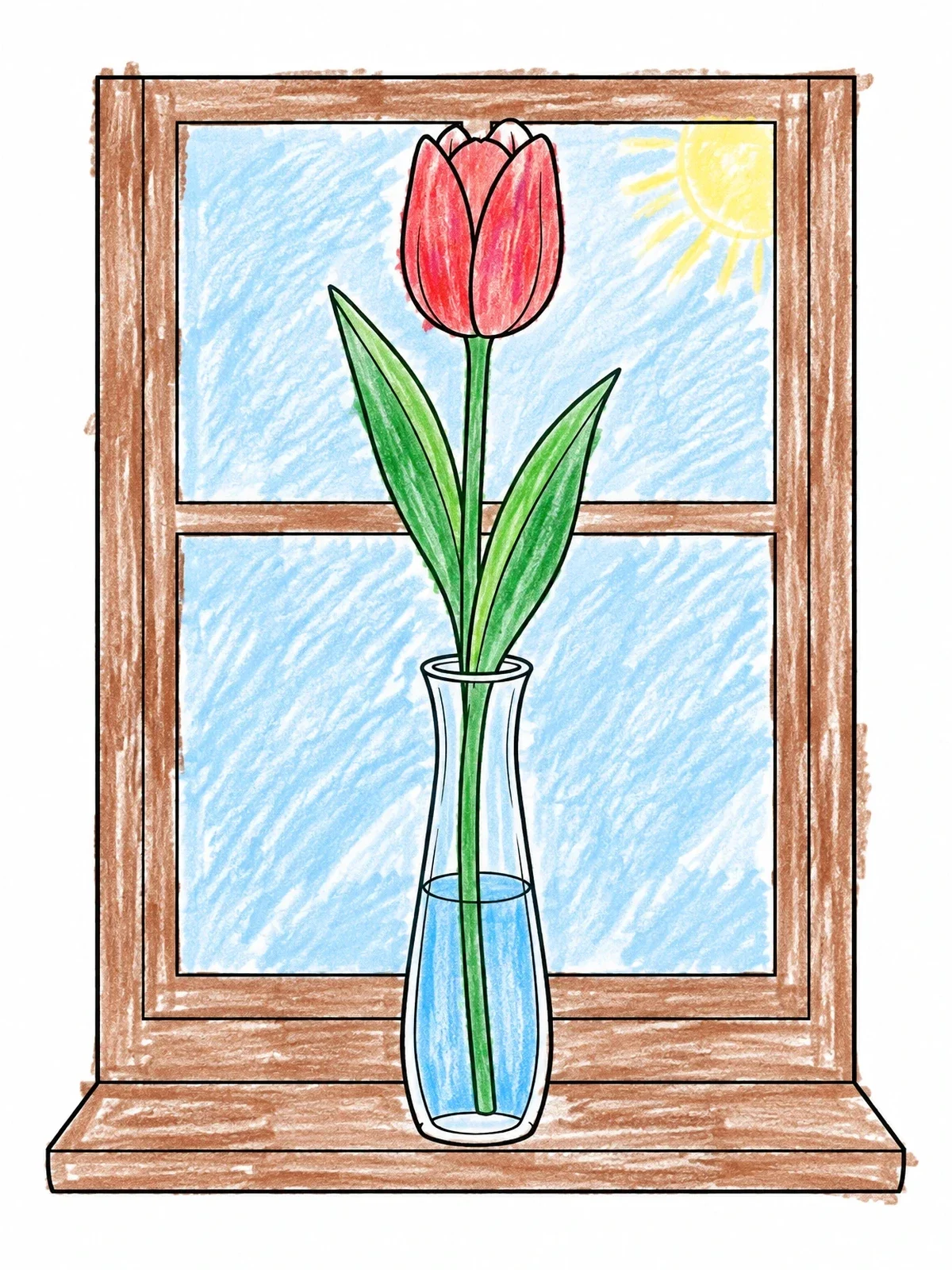 Colored example of the Single Tulip In A Window Vase coloring page