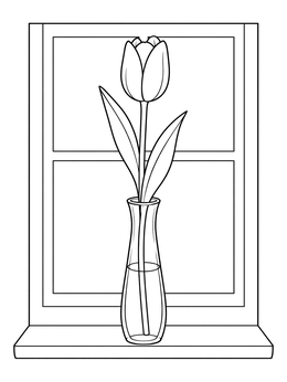 A single tulip in a glass vase on a windowsill in this tulip coloring page.