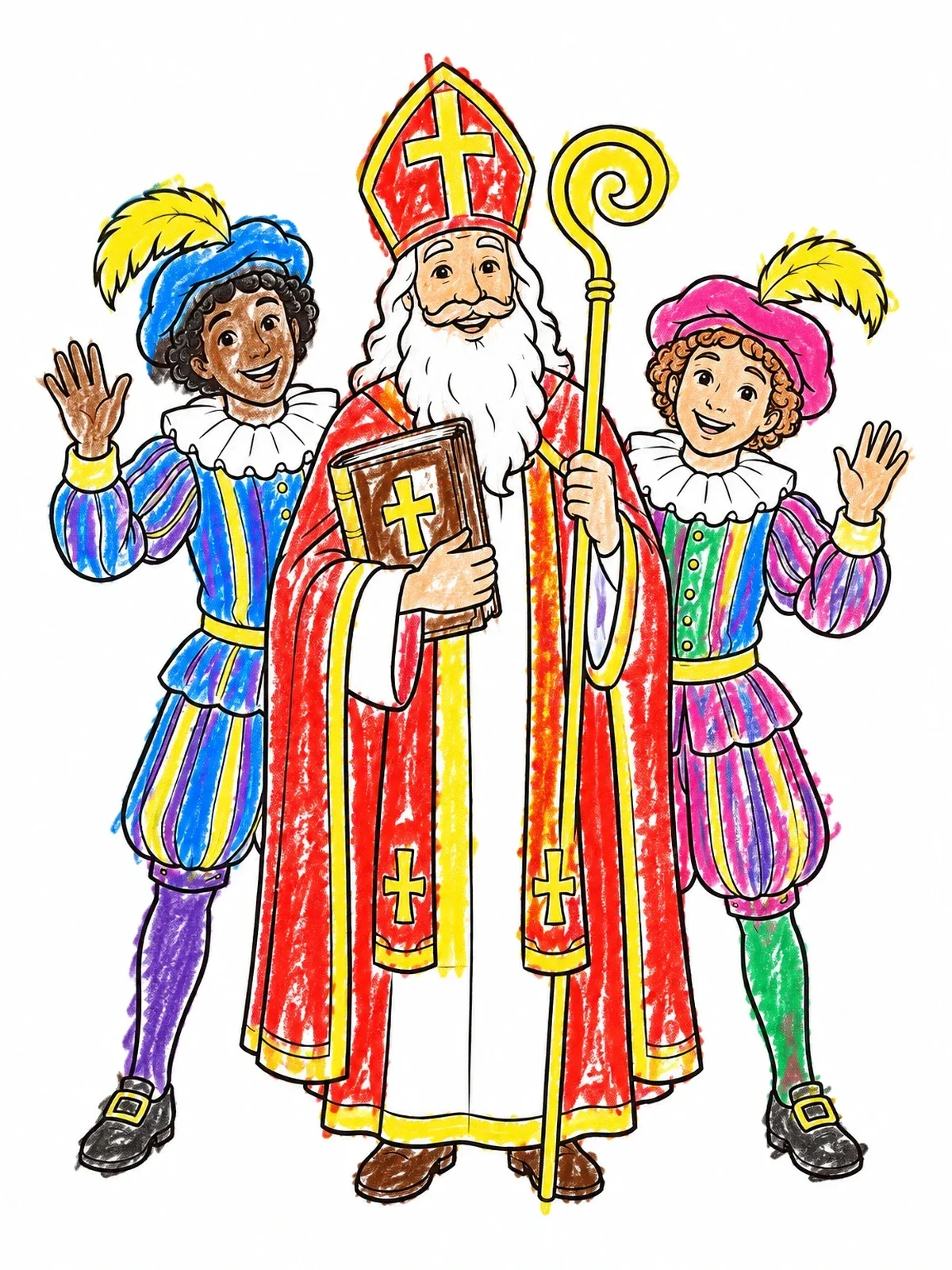 Colored example of the Sinterklaas And Cheerful Helpers coloring page