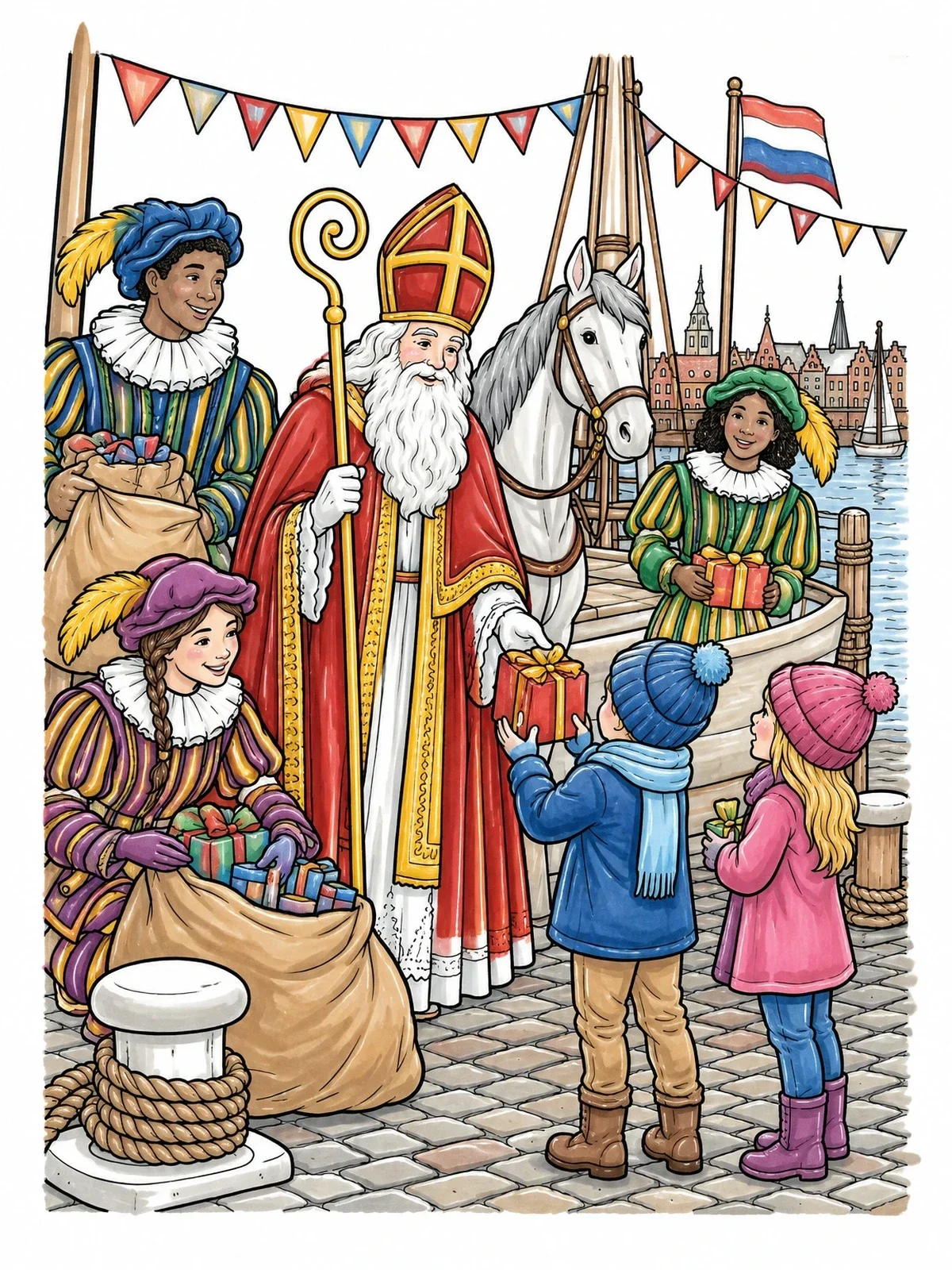 Colored example of the Sinterklaas Arrival At The Harbor Quay coloring page