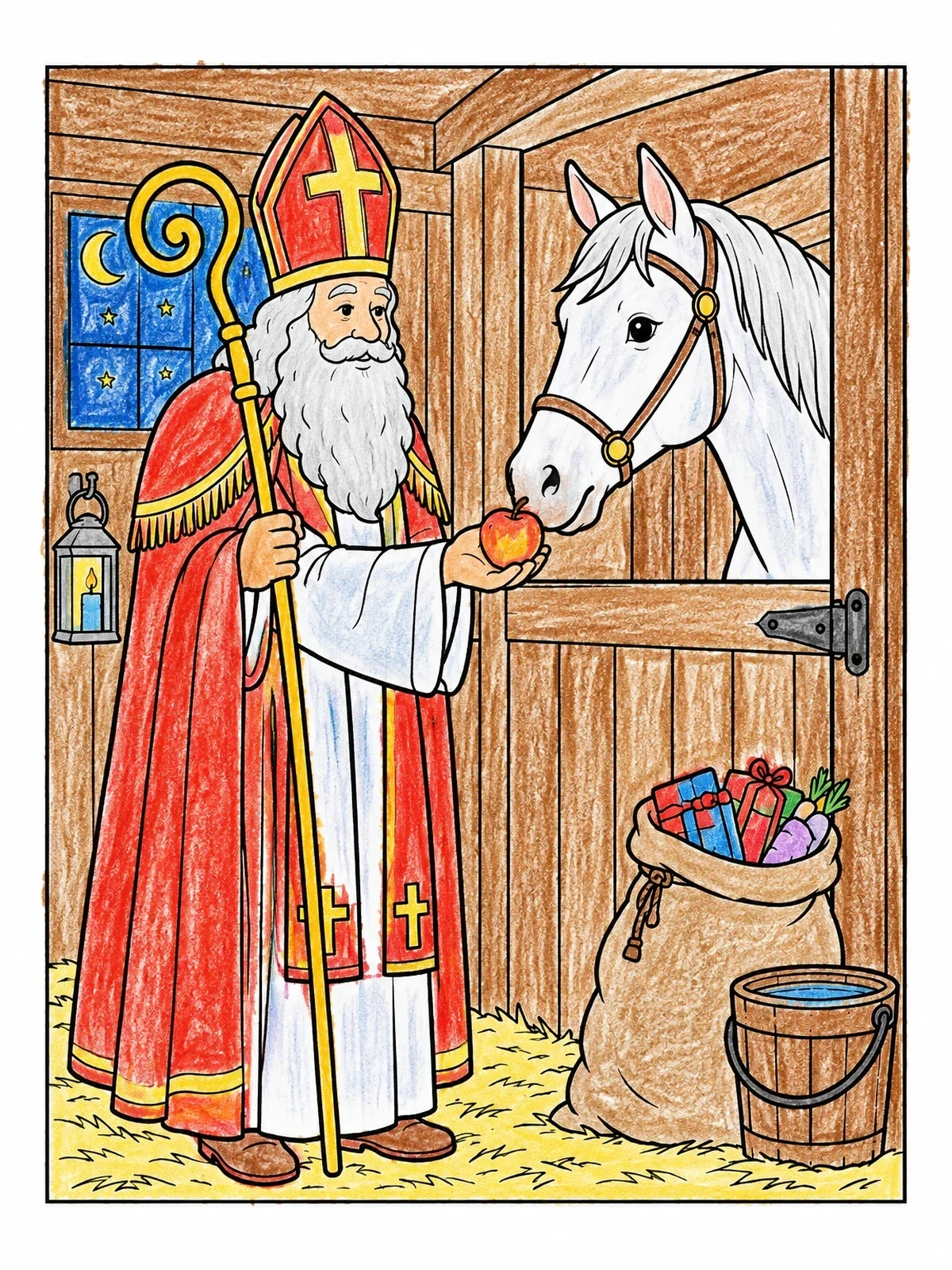 Colored example of the Sinterklaas Feeding His Horse In The Stable coloring page