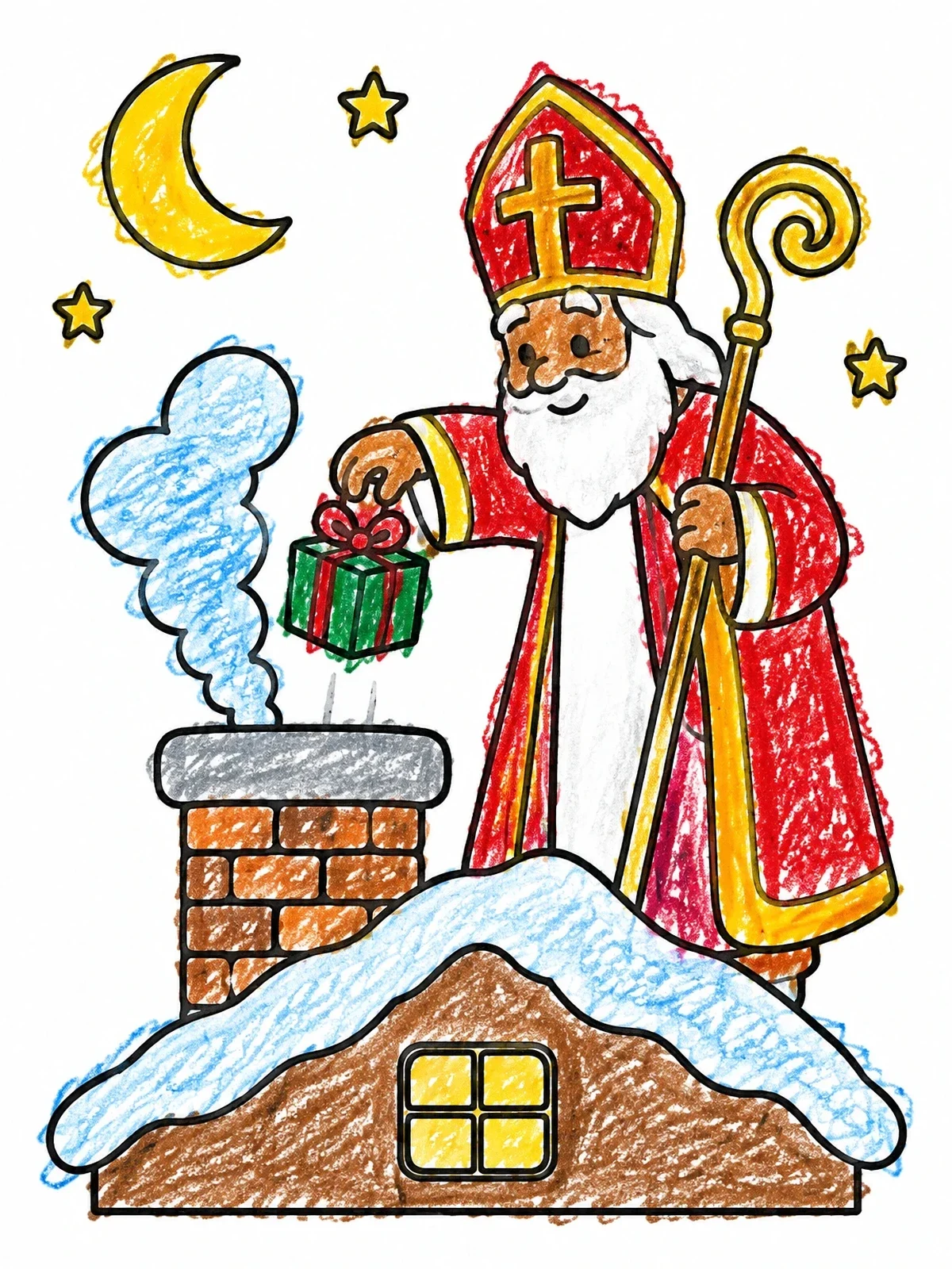 Colored example of the Sinterklaas Delivering A Rooftop Gift coloring page