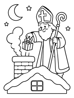 Free printable Sinterklaas Delivering A Rooftop Gift coloring page