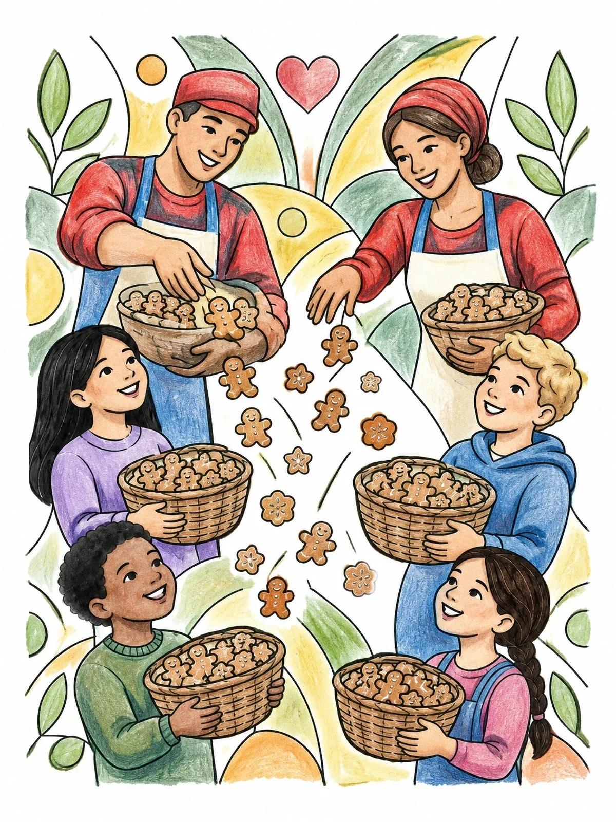Colored example of the Sharing Holiday Cookies With Children coloring page