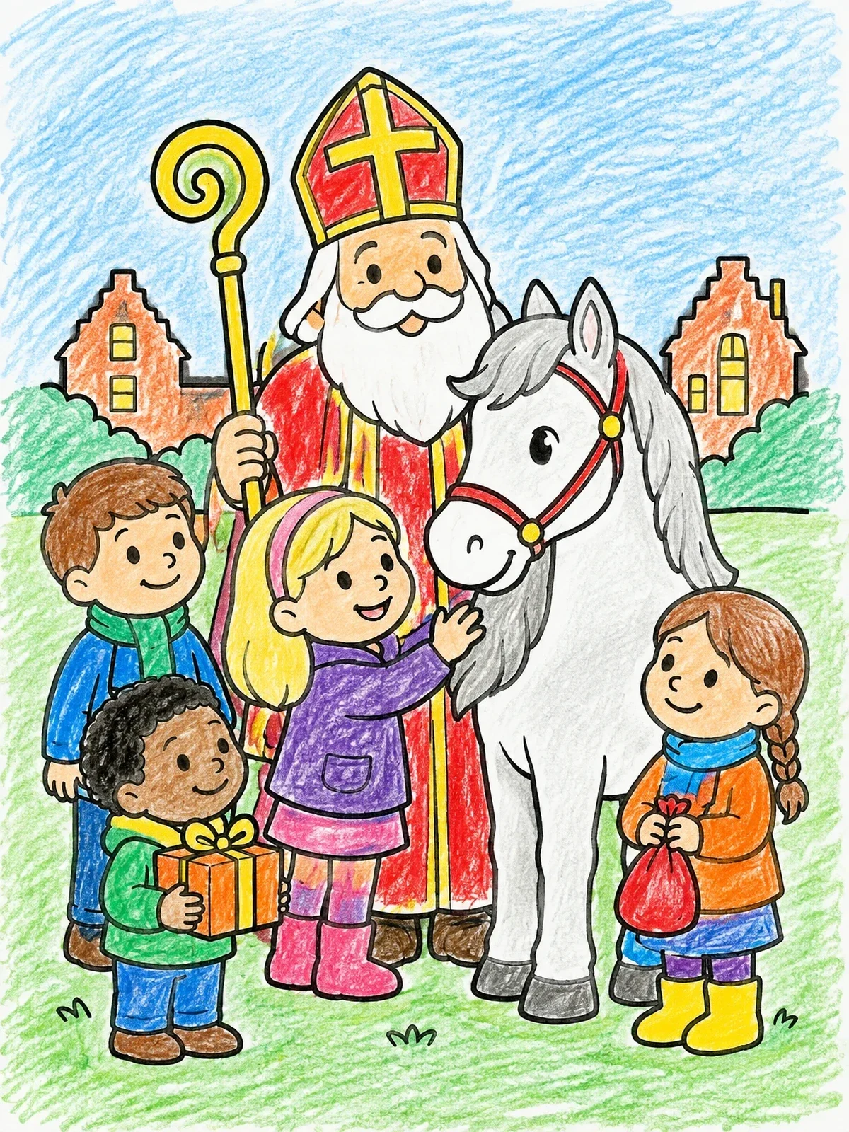 Colored example of the Sinterklaas And Horse With Cheerful Children coloring page