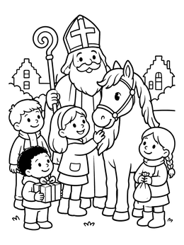 Free printable Sinterklaas And Horse With Cheerful Children coloring page