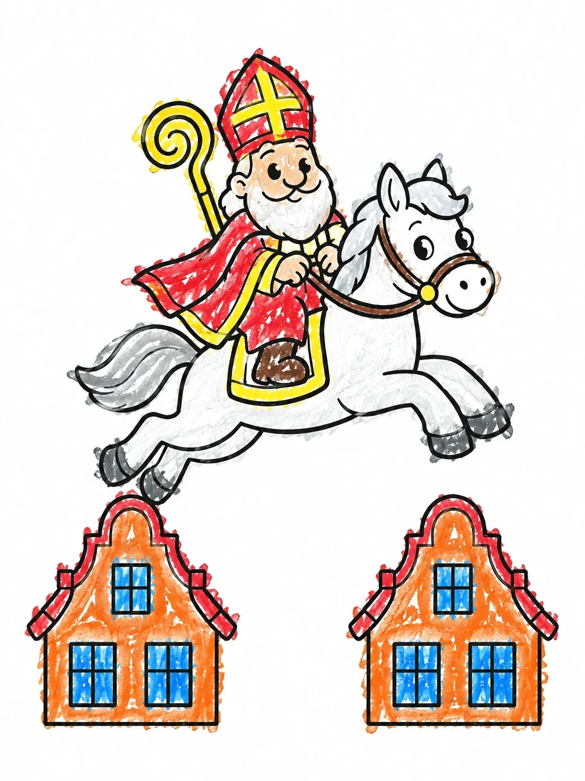 Colored example of the Sinterklaas Leaping Over Rooftops coloring page
